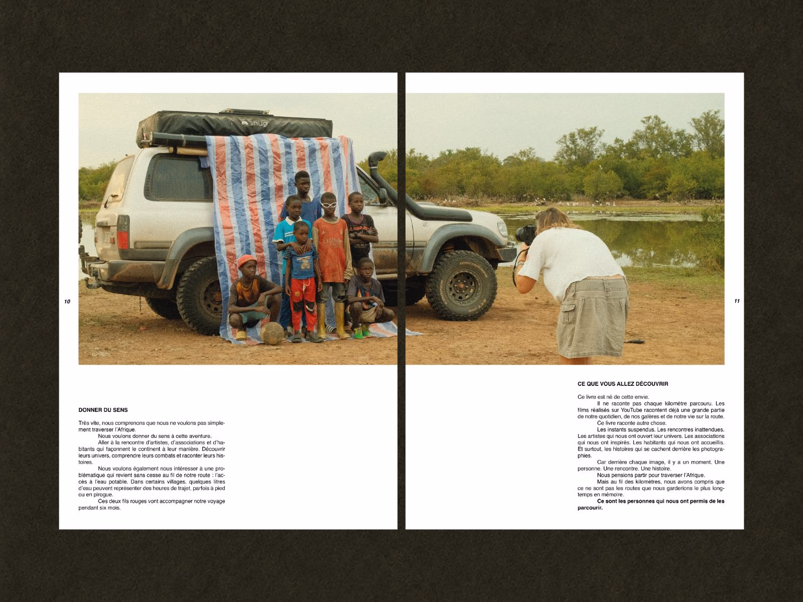 Pages 10 and 11: “Giving it meaning”, Charlotte photographing children by the 4x4