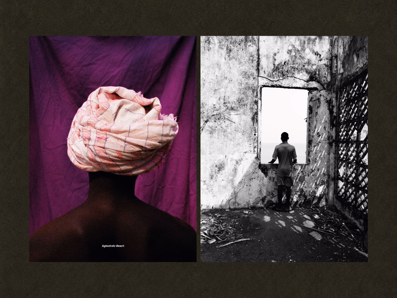 Pages 64 and 65: a turban against a purple background at Agbodrafo Beach and a boy at the window of a ruin