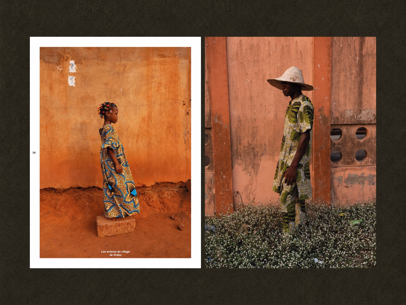Pages 74 and 75: the children of Drabo village, against ochre walls