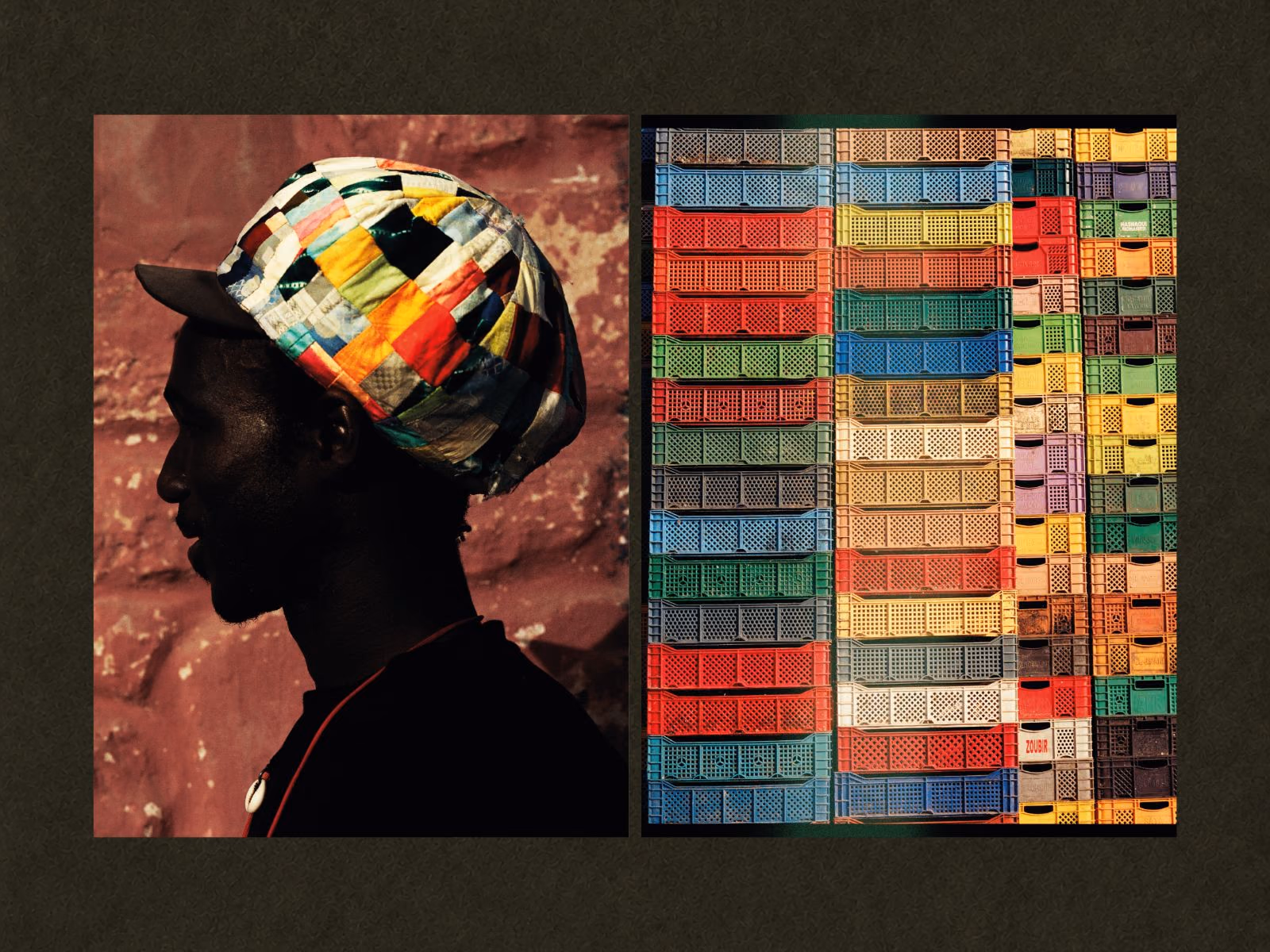 Spread: a man in a patchwork cap in profile, and a wall of colourful crates